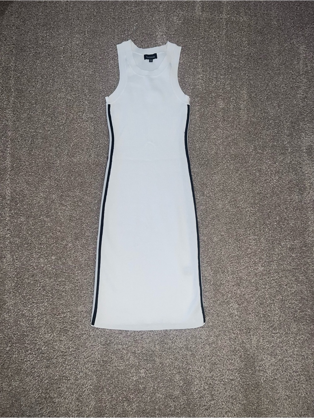 Sleeveless White Midi Dress with Black Side Stripes